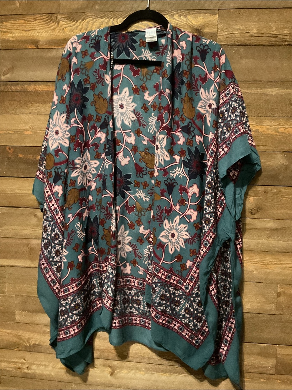 The Time And Tru Dark Teal Pink Maroon Floral Boho Kimono in Women’s Size L/XL i